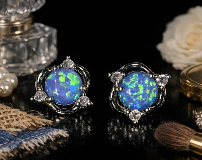 Lab Opal Stud Earrings with Zircon Accents | Handcrafted Silver Setting (Wedding Jewelry)