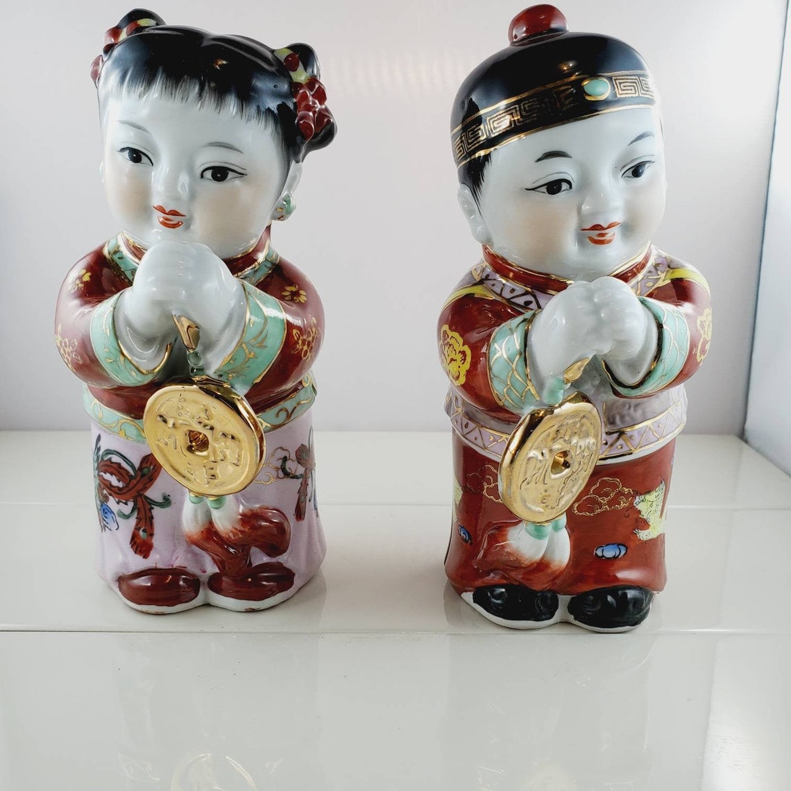 Chinese Boy and Girl Figurines Porcelain Hand painted 24k Gold Etsy
