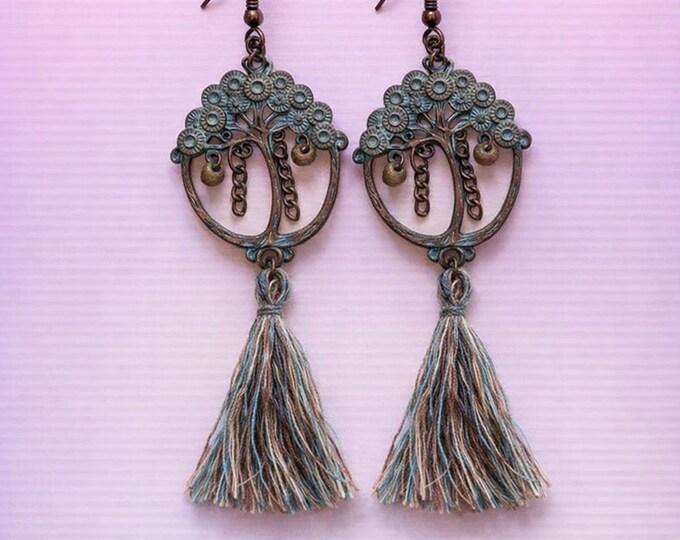 Antique Brass Floral Tassel Earrings – Handmade Patina Dangle, Multicolor Threads, Boho Statement Jewelry