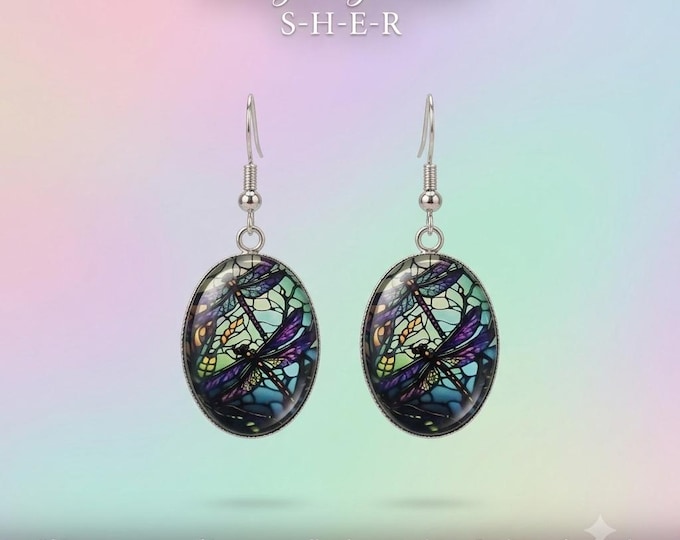 Dragonfly Stained Glass Style Oval Silver Earrings | Whimsical Nature Jewelry