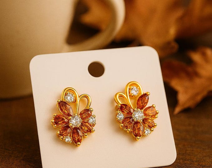 Orange Moonstone Marquise Floral Earrings | Handmade 18 kt Gold Plate Flower Statement Studs