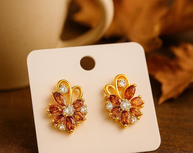 Orange Moonstone Marquise Floral Earrings | 18 kt Gold Plate Flower Statement Studs