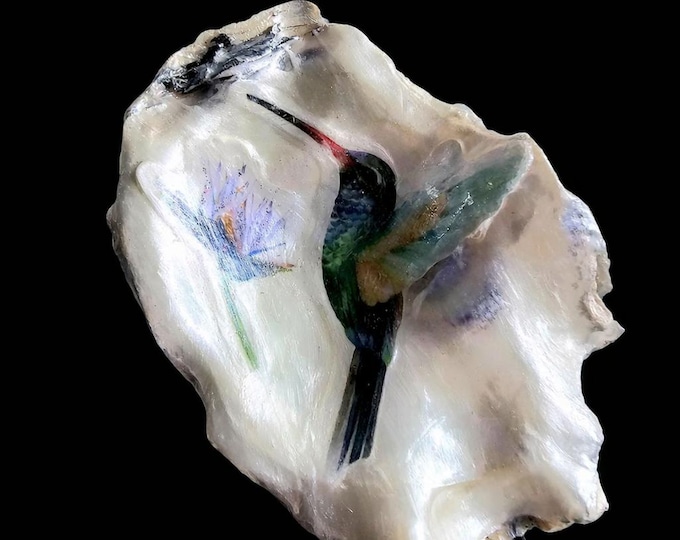 Hummingbird Oyster Shell Art | Handcrafted Bird Trinket Dish | Coastal Nature Art Decor