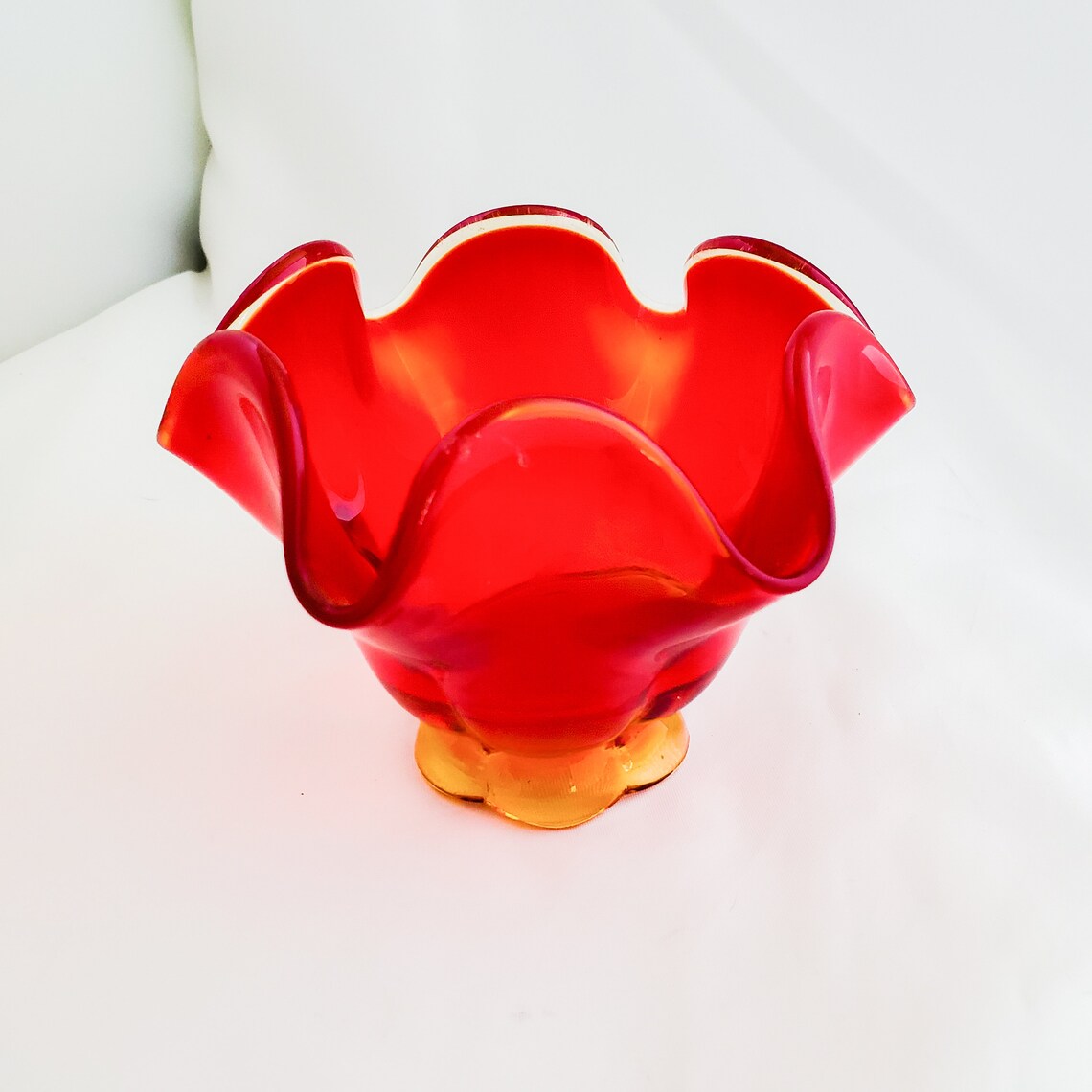 Red Glass Handkerchief Vase Art Glass Red With Yellow Base Etsy