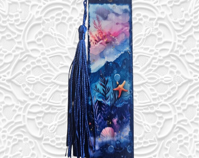 Handmade Ocean Wood Bookmark: Wooden Page Marker with Tassel, Seashells, Seashore, Sea