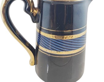 Brown Creamer Blue and Black Band Gold Accents 1950s Tall Cream Pitcher @Everything Vintage FREE SHIPPING