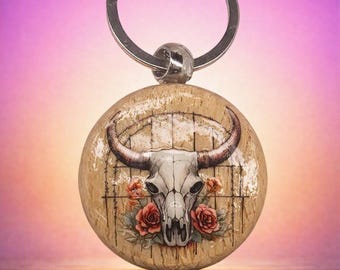 Southwestern Bloom Bull Skull Keyring – Rustic Floral Desert Charm Keychain by Designs by Sher®