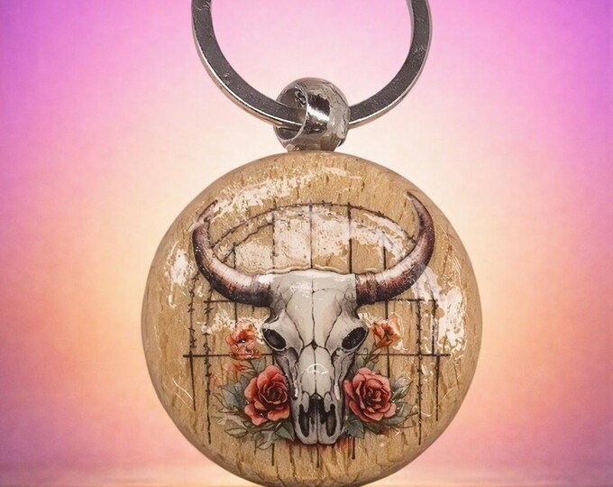 Southwestern Bloom Bull Skull Keyring – Rustic Floral Desert Charm Keychain by Designs by Sher®