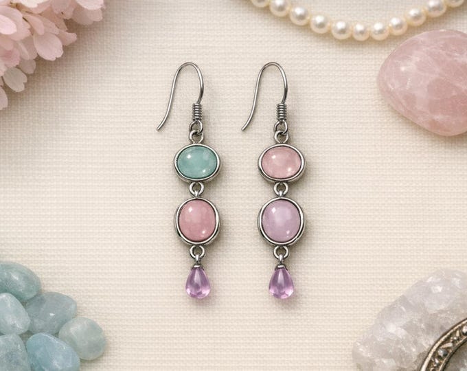 Pink Moonstone and Aquamarine Earrings | Handmade White Gold Plate Dangle With Lavender Teardrop