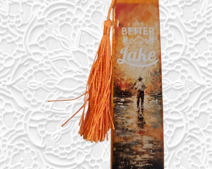 Handmade Fishing Wood Bookmark: Wooden Page Marker with Tassel, Fisherman, Fish, One-Of-A-Kind