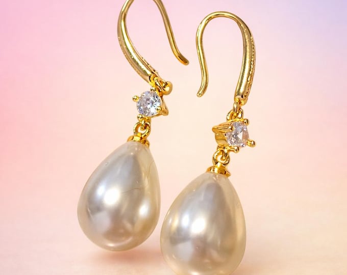 Pearl Drop Earrings – Gold Hook with Cubic Zirconia Accent, Bridal Jewelry