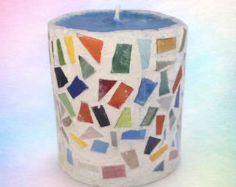 Handcrafted Manifesting Mosaic Candle | Cement Blue Wax, Multicolored Glass Tiles