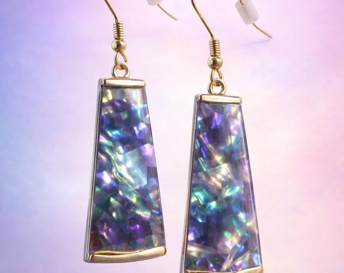 Iridescent Trapezoid Dangle Earrings – 18 kt Gold Frame Mosaic Design | Elegant Bridesmaid Gift | Designs by Sher®