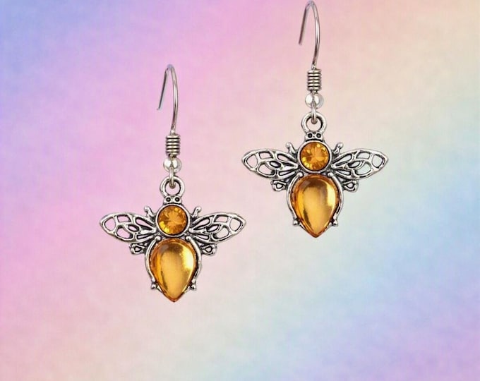 Amber Bee Dangle Earrings | Silver Filigree Wings, Warm Honey Glow | Artisan Design