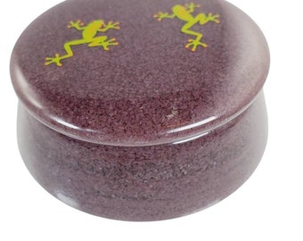 Purple Stone Ring Container Round Amethyst Dish And Lid With Painted Green Frogs FREE SHIPPING @Everything Vintage