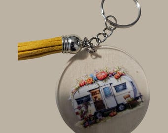 Camping Handmade  Acrylic Keychain With Yellow Leather Tassle: Camper Trailer