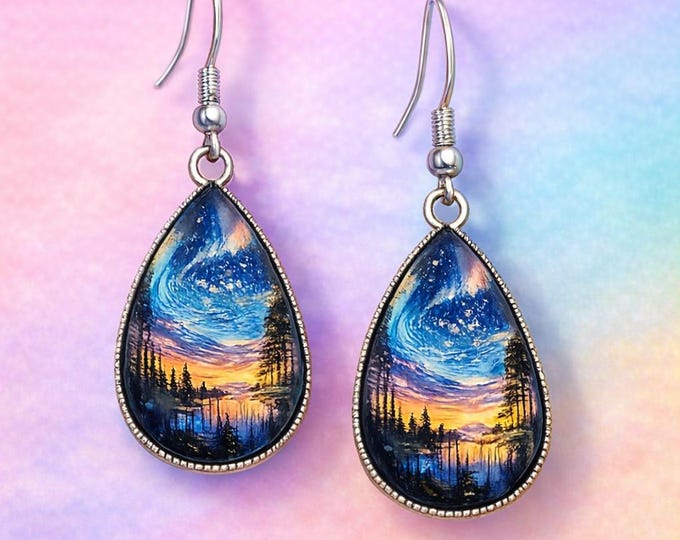 Celestial Forest Glass Teardrop Stainless Earrings – Handcrafted Hypoallergenic Landscape Jewelry by Designs by Sher®