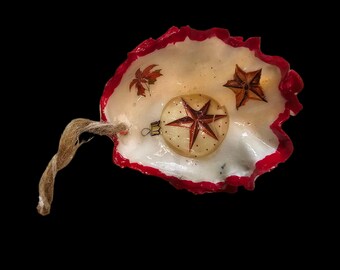 Shell Christmas Ornament with Star and Poinsettia Design: Handmade