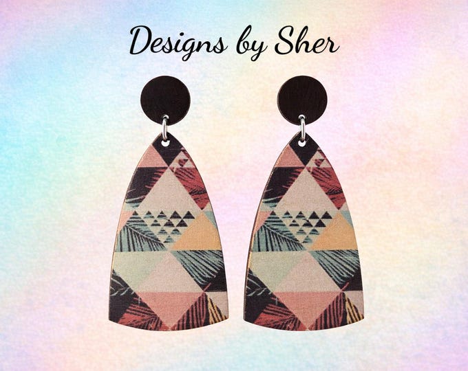 Boho Teardrop Wood Earrings – Geometric Tropical Wooden Studs – Handmade Statement Jewelry