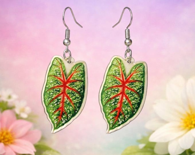 Caladium Leaf Earrings – Green & Red Botanical Dangle Jewelry | Handmade Nature‑Inspired Gift