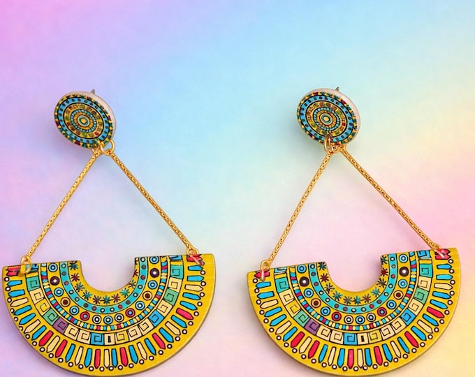 Bohemian Geometric Statement Earrings – Vibrant Turquoise, Red & Gold Mosaic Design, Handmade Art Jewelry