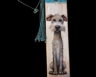 Dog Wood Bookmark with Tassle: Handmade Wooden Bookmark Wire Haired Dog