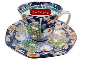 Vintage Octagon Imari Teacup and Saucer Impressed Chinese ? Mark Tea Cup and Saucer @Everything Vintage FREE SHIPPING