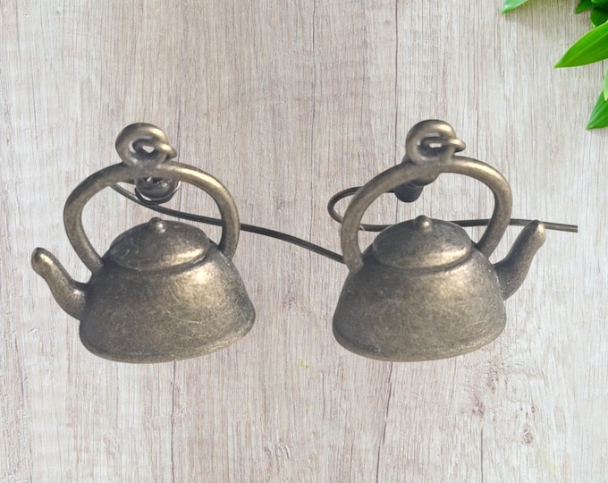 Handmade Brass Teapot Drop Earrings: Kettle, Tea Pot