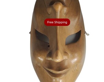 Double Wood Face Wall Hanging 2 Faces Happy and Sad Face Wooden Mask @Everything Vintage FREE SHIPPING