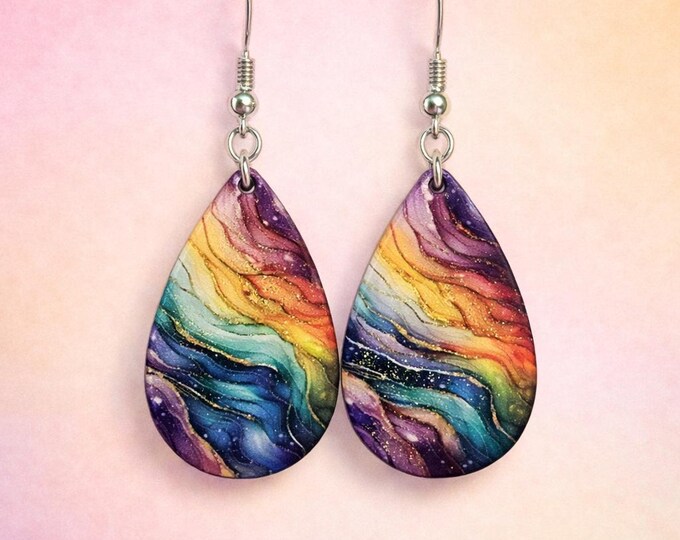 Colorful Abstract Teardrop Stainless Earrings | Handmade Hypoallergenic Artisan Statement Jewelry | Vibrant Rainbow Dangle Earrings