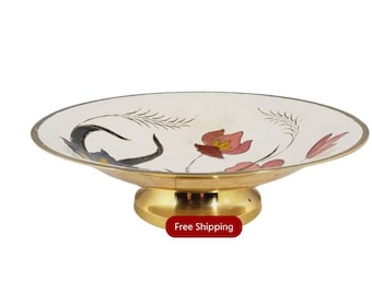 Brass and Enamel Pedestal Dish Iris Floral Cloisonne Compote @Everything Vintage FREE SHIPPING