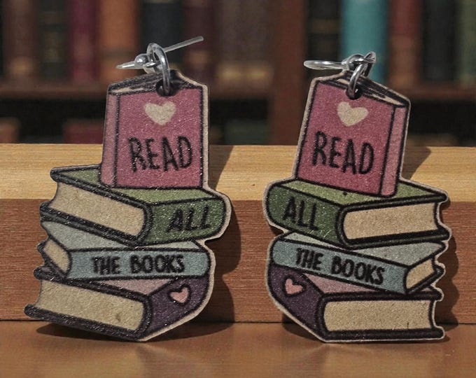 Handmade Wood Book Dangle Earrings: Wooden Earrings, Teacher, Librarian