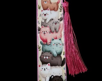 Cat Wood Bookmark with Tassle: Kittens Homemade Wooden Bookmark