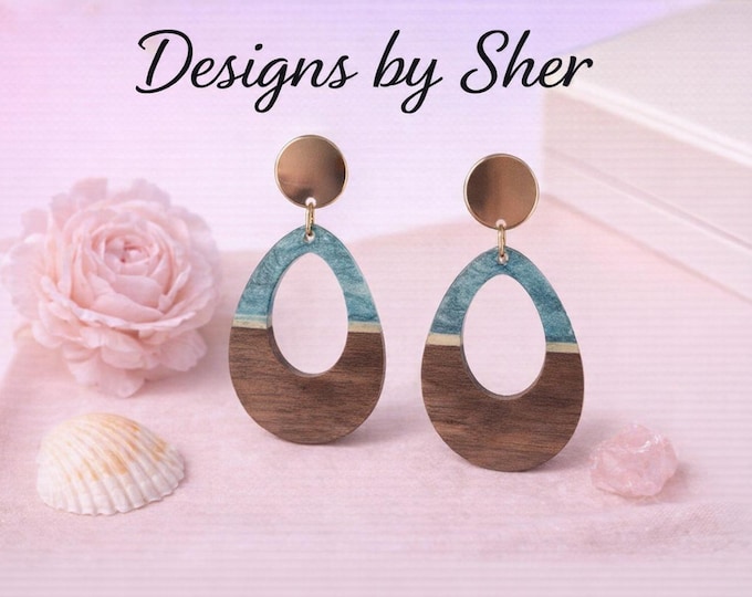 Turquoise and Resin Wood Teardrop Earrings | Handmade Brass Stud Dangle | Coastal Ocean Jewelry