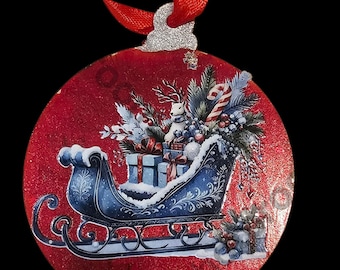 Handmade Christmas Ornament: Blue Sleigh Gifts and Holly Lantern