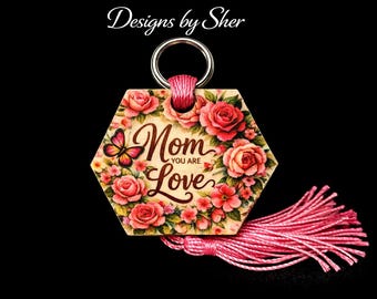Floral Hexagon Wood Purse Charm, Handmade Zipper Charm, Mother's Day Gift