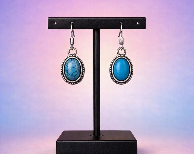 Turquoise Oval Drop Earrings | Silver Filigree Frame | Western Boho Dangle | Lightweight Everyday Earrings