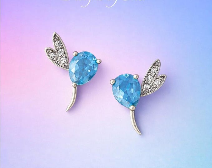 Blue Topaz Dragonfly Earrings – Silver Wings with Cubic Zirconia Sparkle | Designs by Sher®