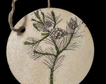 Handmade Wood Christmas Ornament, Black & White Thistle Acorn Design