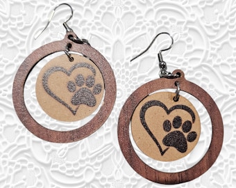 Dog Paw Wood Earrings: Heart Round Wooden Dangle Earrings