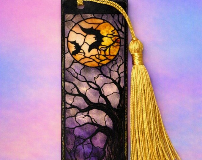 Gothic Wooden Bookmark | Black Crows, Bats, Moon Wood With Silk Tassel