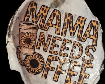 Handmade Shell Car Charm: Mamma Needs Coffee Car Hanger