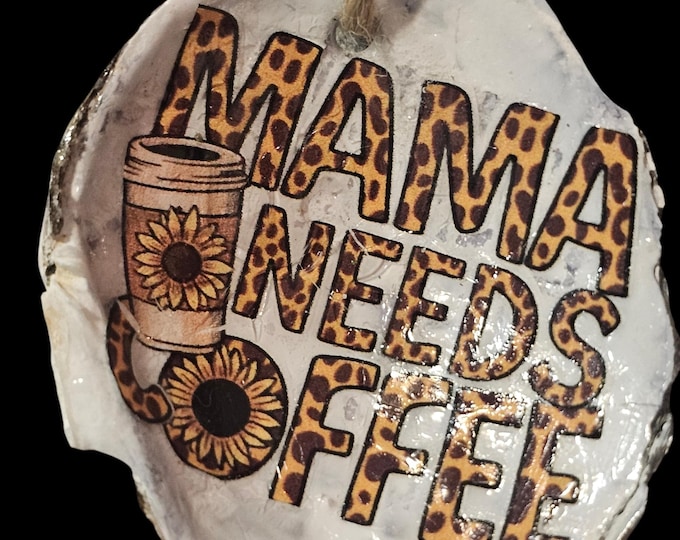 Handmade Shell Car Charm: One-Of-A-Kind Rear View Mirror Hanging, Momma Needs Coffee