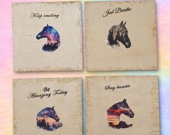 Motivational Horse Wood Coasters – Handmade Set of 4 Wooden Coasters, Mother's Day Gift