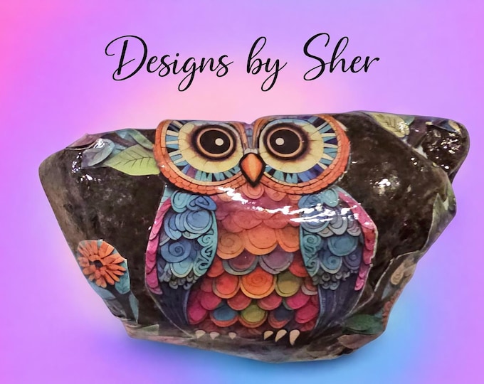 Owl Rock Art | Handcrafted Colorful Owl Doorstop, Bookend or Shelf Decor | Designs by Sher