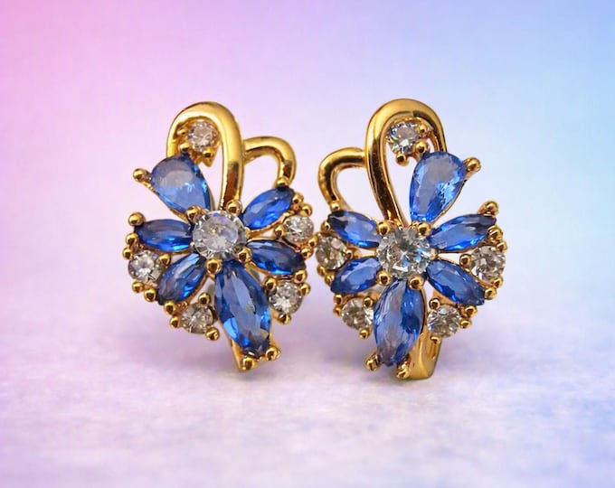 Sapphire Marquise Floral Earrings | 18 kt Gold Plate Lever Back Studs