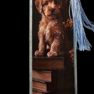 May include: Wooden bookmark featuring a brown puppy sitting on a stack of books. The puppy has fluffy fur and is looking forward. The bookmark has a light blue tassel and a silver glitter border.