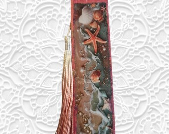 Ocean Handmade Wooden Bookmark with Tassle: Sea Wood Bookmark, Seashells, Seashore