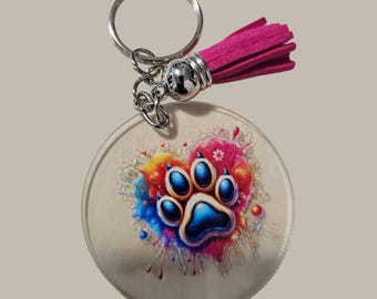 Dog Paw Heart Handmade  Acrylic Keychain With Pink Leather Tassle
