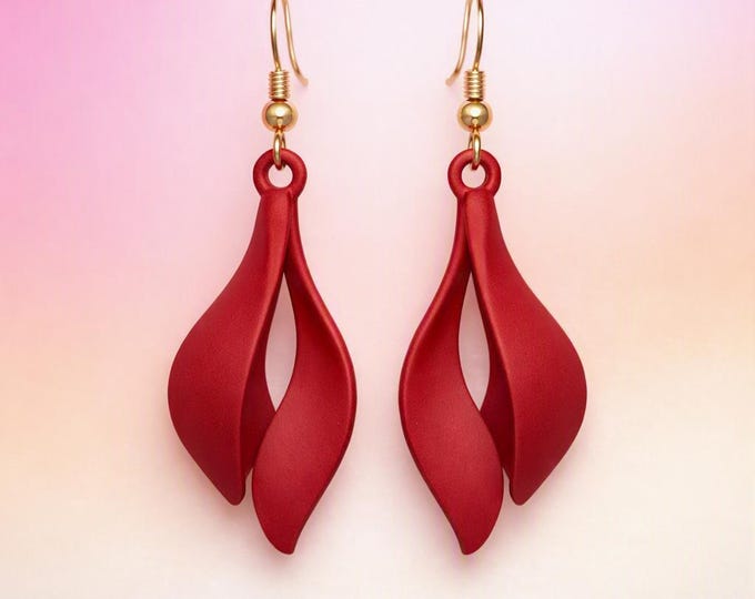 Red Satin Acrylic Petal Earrings | Lightweight Dangle Jewelry